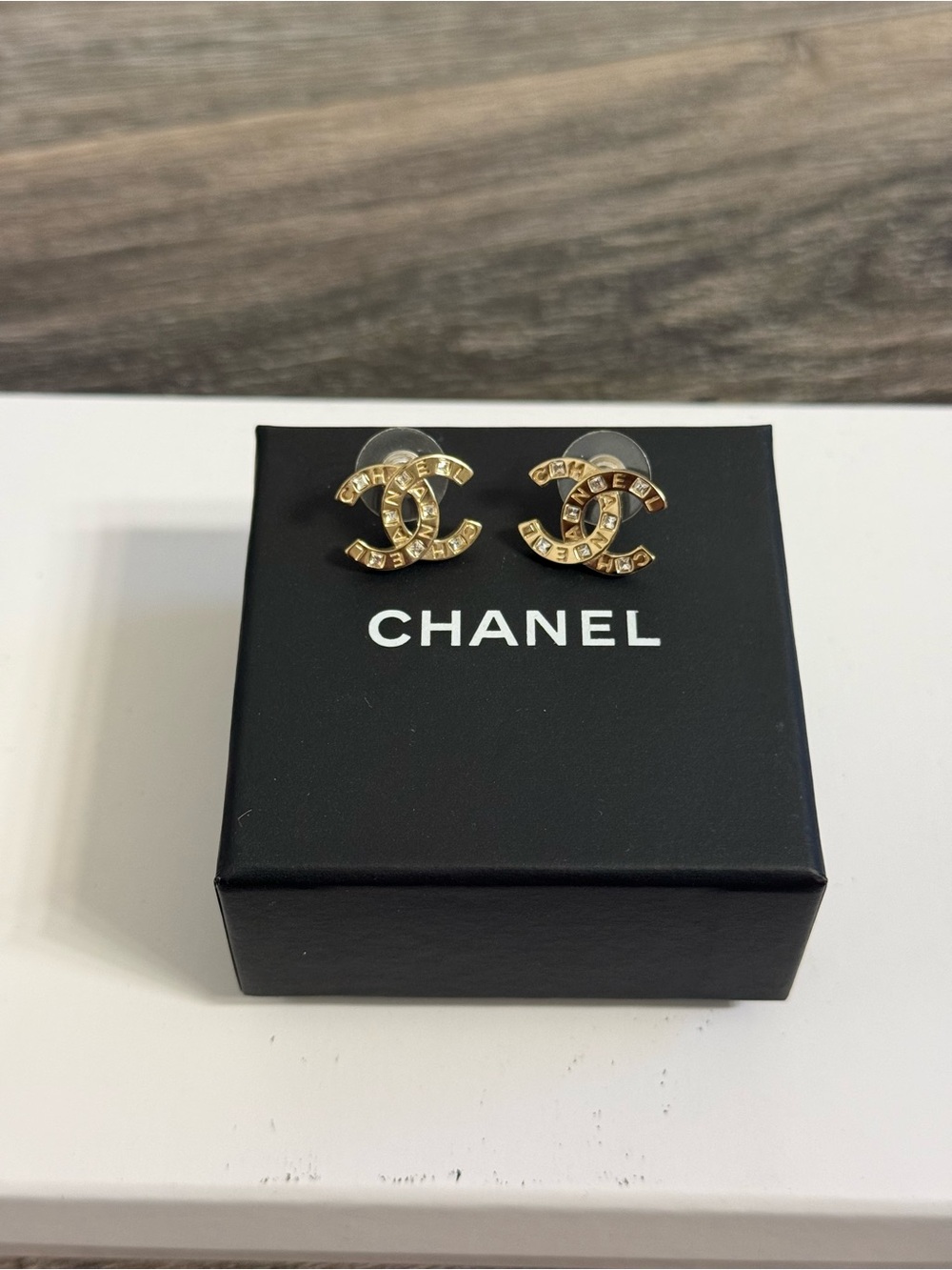 CHANEL Gold CC Letter Crystal Stud Earrings